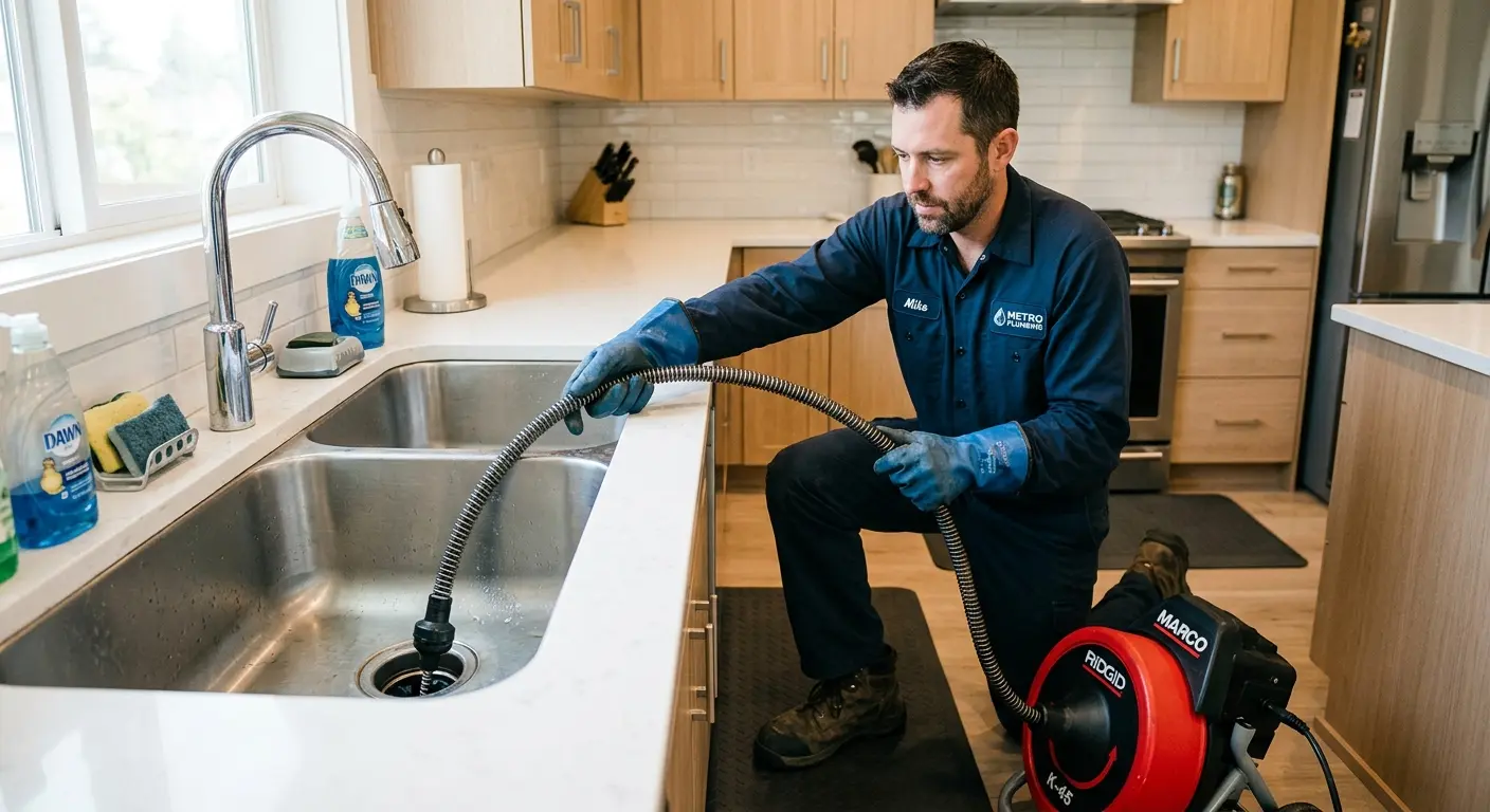 Drain cleaning technician using a motorized snake on a kitchen sink in Greensburg