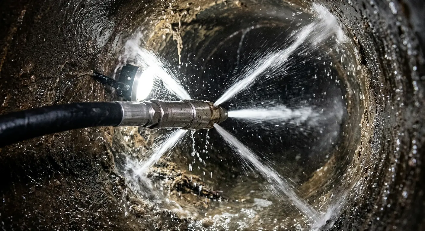 High-pressure hydro jetting nozzle cleaning sewer pipe for Trenchless Sewer Repair in Greensburg