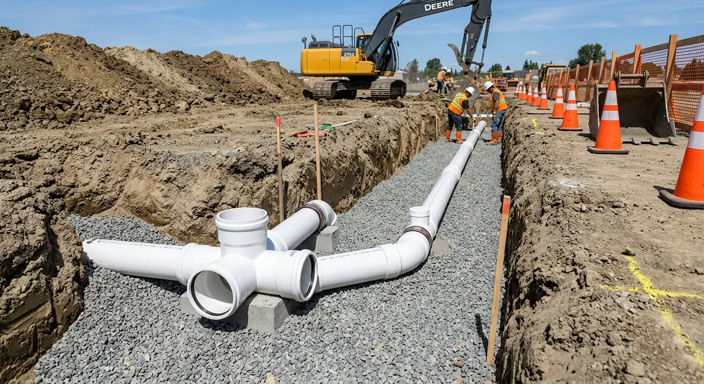 New PVC sewer pipe installation in open trench for Grease Trap Cleaning in Greensburg