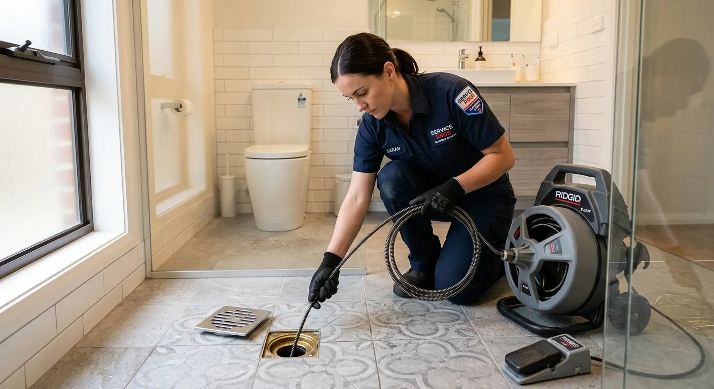 Technician clearing a bathroom floor drain for Hydro Jetting in Greensburg